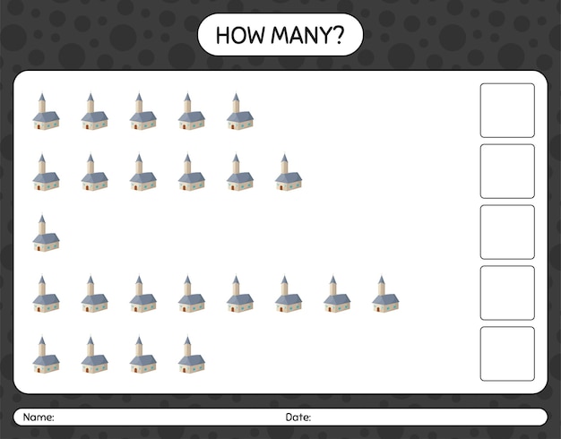 How many counting game with church. worksheet for preschool kids, kids activity sheet