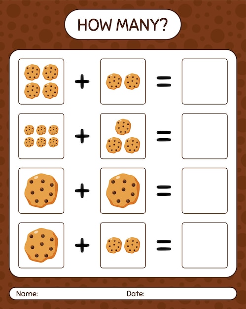クッキーを使ったカウントゲームの数。就学前の子供のためのワークシート、子供の活動シート