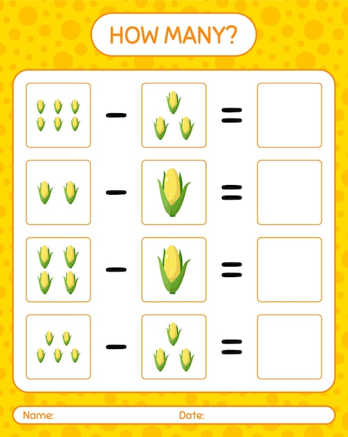 옥수수로 얼마나 많은 계산 게임. 미취학 아동을 위한 워크시트, 어린이 활동 시트, 인쇄 가능한 워크시트