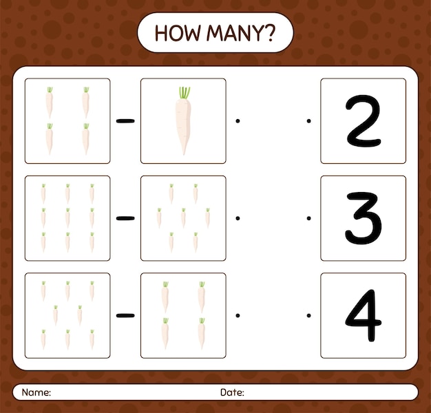 How many counting game with daikon. worksheet for preschool kids, kids activity sheet, printable worksheet