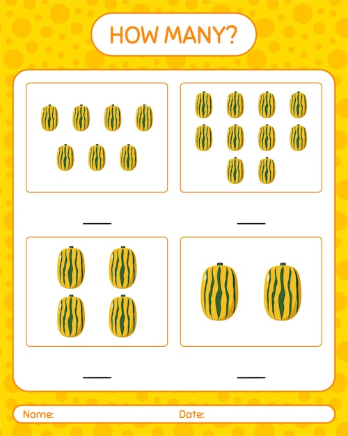 델리카타 스쿼시로 얼마나 많은 계산 게임. 미취학 아동을 위한 워크시트, 어린이 활동 시트, 인쇄 가능한 워크시트