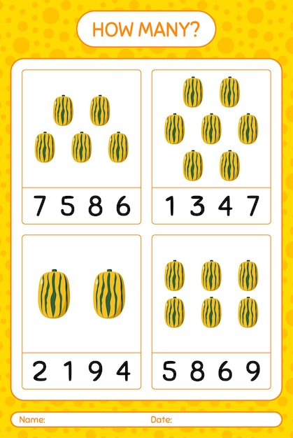 デリカタスカッシュを使ったカウントゲームの数。就学前の子供のためのワークシート、子供向けアクティビティシート、印刷可能なワークシート