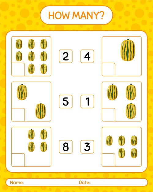 デリカタスカッシュを使ったカウントゲームの数。就学前の子供のためのワークシート、子供の活動シート