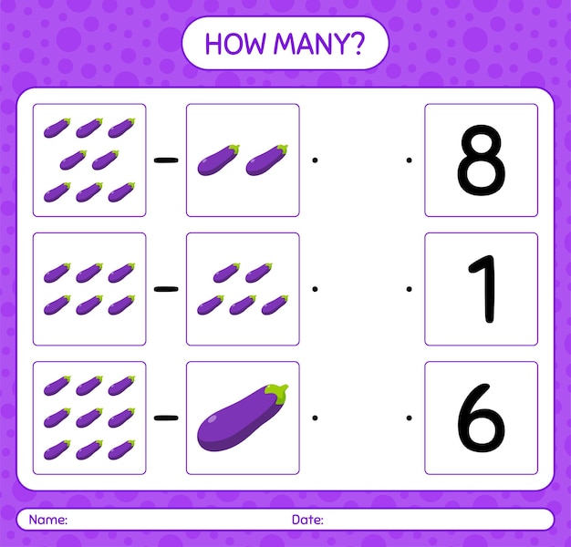 How many counting game with eggplant. worksheet for preschool kids, kids activity sheet, printable worksheet