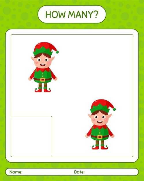 How many counting game with elf. worksheet for preschool kids, kids activity sheet