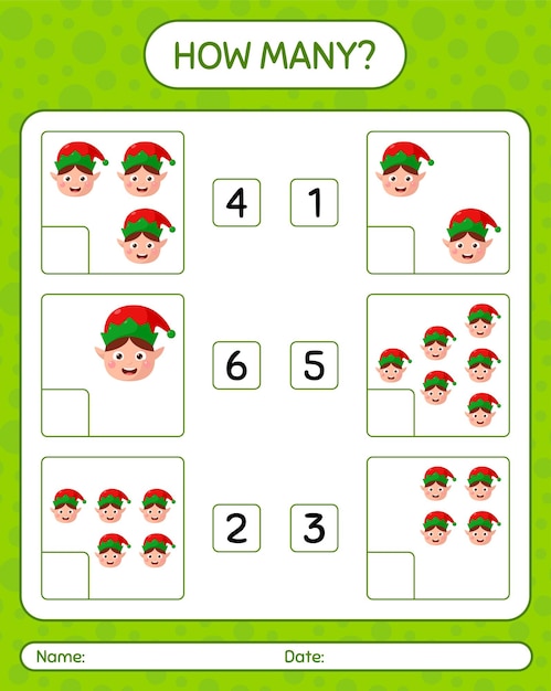 How many counting game with elf. worksheet for preschool kids, kids activity sheet