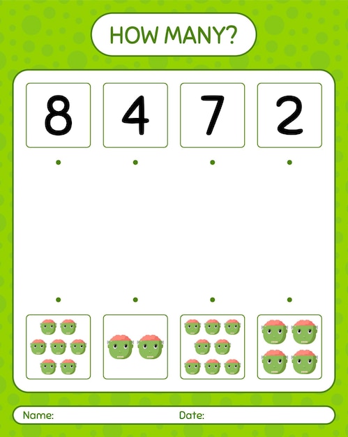 フランケンシュタインとのカウントゲームの数。就学前の子供のためのワークシート、子供の活動シート