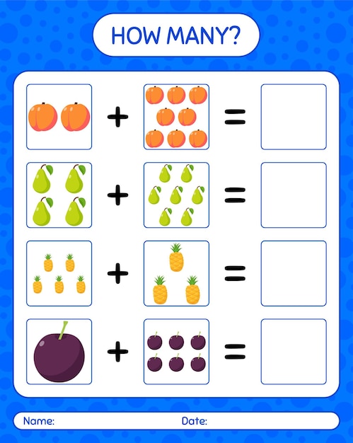 果物を使ったカウントゲームの数。就学前の子供のためのワークシート、子供向けアクティビティシート、印刷可能なワークシート