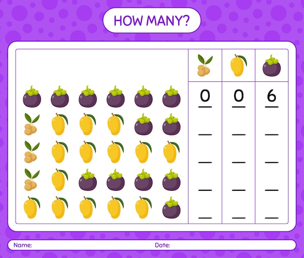 How many counting game with fruit. worksheet for preschool kids, kids activity sheet, printable worksheet