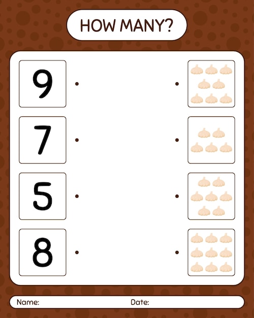 にんにくを使ったカウントゲームの数。就学前の子供のためのワークシート、子供向けアクティビティシート、印刷可能なワークシート
