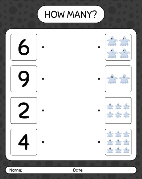 幽霊とのカウントゲームの数。就学前の子供のためのワークシート、子供の活動シート