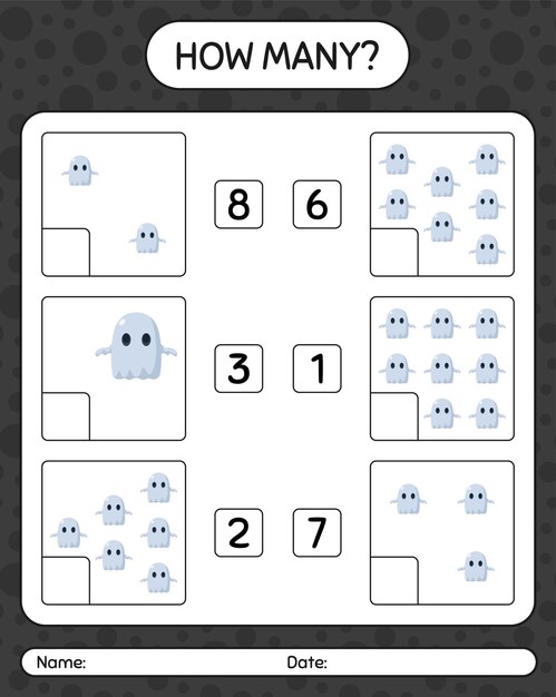 幽霊とのカウントゲームの数。就学前の子供のためのワークシート、子供の活動シート