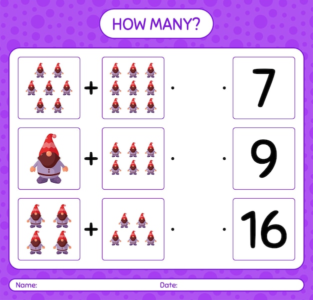 How many counting game with gnome. worksheet for preschool kids, kids activity sheet