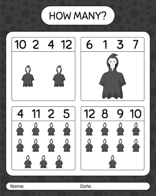 How many counting game with grim reaper. worksheet for preschool kids, kids activity sheet