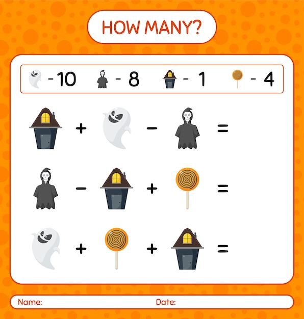 Vector how many counting game with halloween icon. worksheet for preschool kids, kids activity sheet