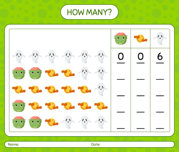 ハロウィーンのアイコンが付いたカウントゲームの数。就学前の子供のためのワークシート、子供の活動シート