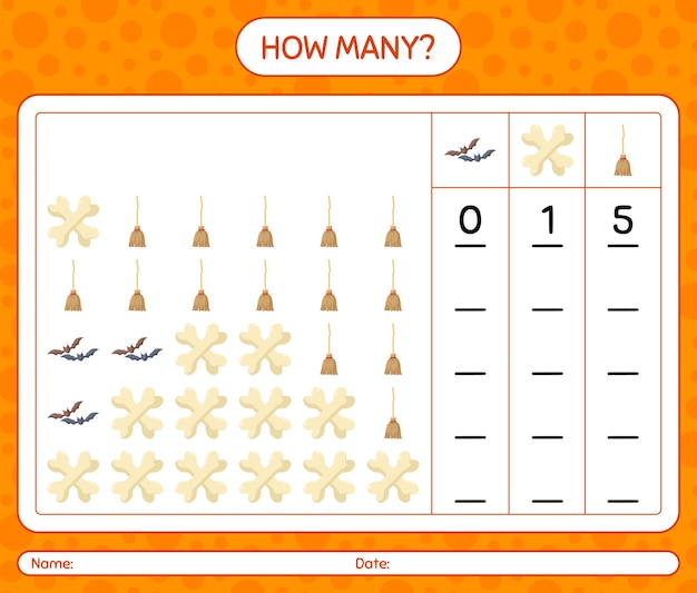 ハロウィーンのアイコンが付いたカウントゲームの数。就学前の子供のためのワークシート、子供の活動シート