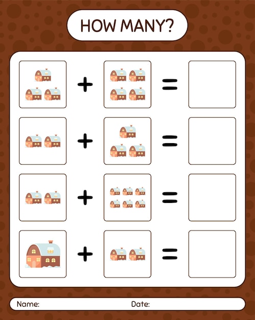 How many counting game with house. worksheet for preschool kids, kids activity sheet