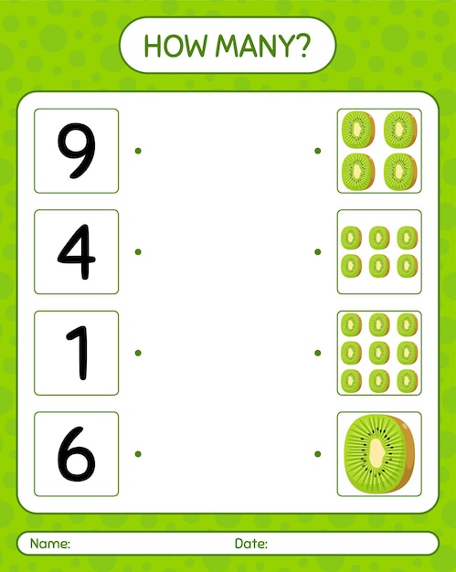 Quante gioco di conteggio con kiwi. foglio di lavoro per bambini in età prescolare, foglio di attività per bambini, foglio di lavoro stampabile