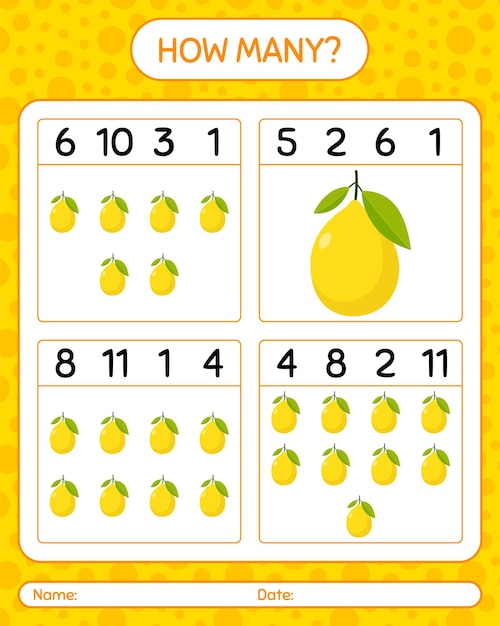 How many counting game with lemon. worksheet for preschool kids, kids activity sheet, printable worksheet