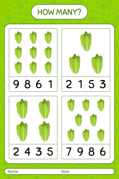 How many counting game with lettuce. worksheet for preschool kids, kids activity sheet, printable worksheet