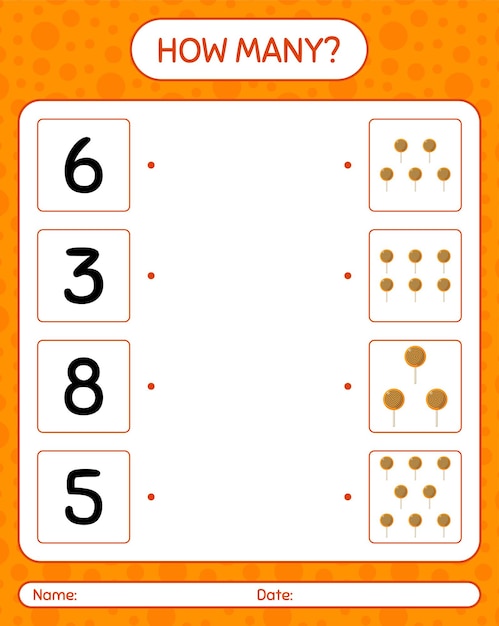 Сколько счет игры с леденцом. рабочий лист для дошкольников, детский лист активности