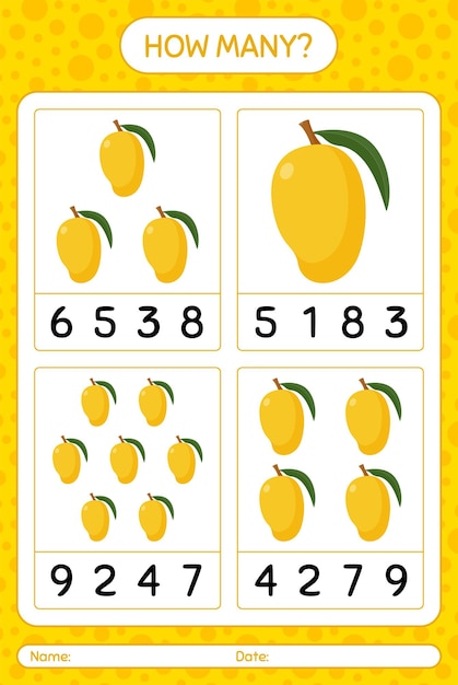 Quanti giochi di conteggio con foglio di lavoro mango per bambini in età prescolare, foglio di attività per bambini, foglio di lavoro stampabile