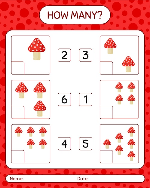 How many counting game with mushroom. worksheet for preschool kids, kids activity sheet