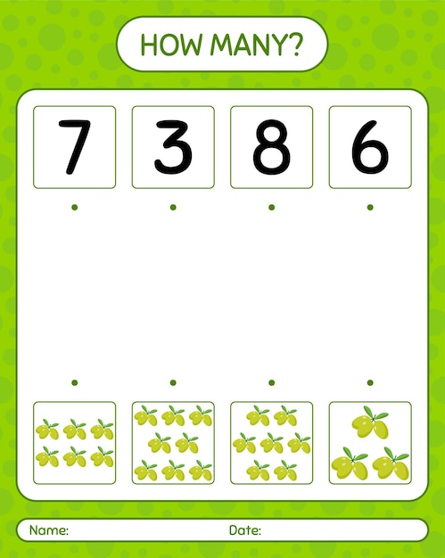 How many counting game with olive. worksheet for preschool kids, kids activity sheet, printable worksheet

