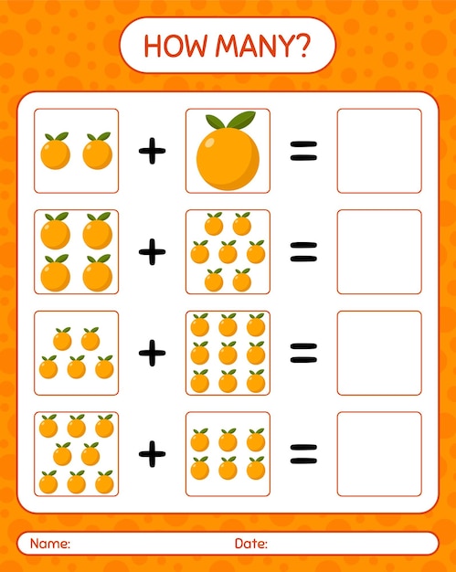 How many counting game with orange. worksheet for preschool kids, kids activity sheet, printable worksheet