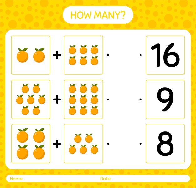 オレンジで数えるゲームの数。就学前の子供のためのワークシート、子供向けアクティビティシート、印刷可能なワークシート