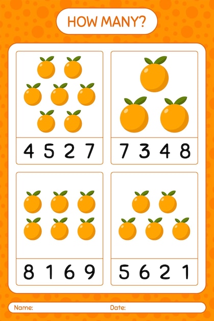 就学前の子供のためのオレンジ色のワークシート、子供向けアクティビティシート、印刷可能なワークシートを使用したカウントゲームの数