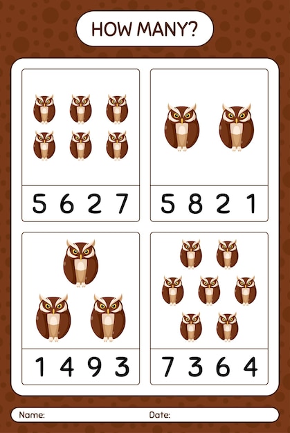 How many counting game with owl. worksheet for preschool kids, kids activity sheet