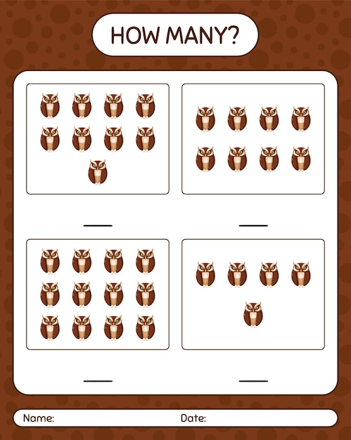How many counting game with owl. worksheet for preschool kids, kids activity sheet