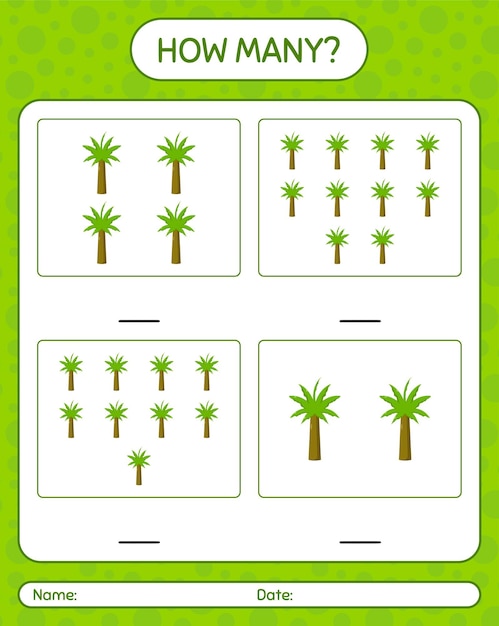 How many counting game with palm tree. worksheet for preschool kids, kids activity sheet, printable worksheet