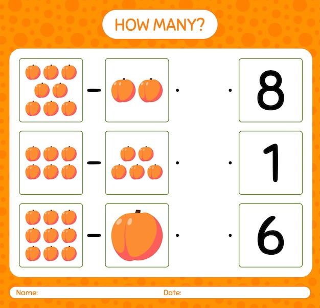 How many counting game with peach worksheet for preschool kids, kids activity sheet, printable worksheet