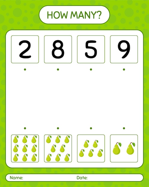 How many counting game with pear. worksheet for preschool kids, kids activity sheet, printable worksheet

