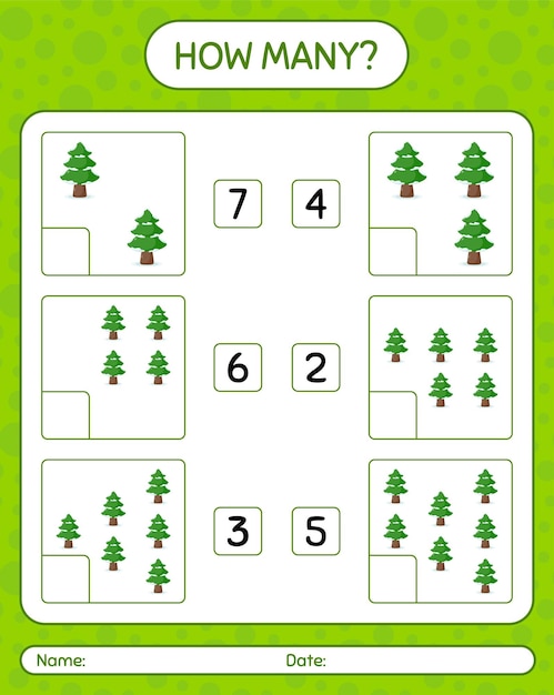 松の木を使ったカウントゲームの数。就学前の子供のためのワークシート、子供向けアクティビティシート