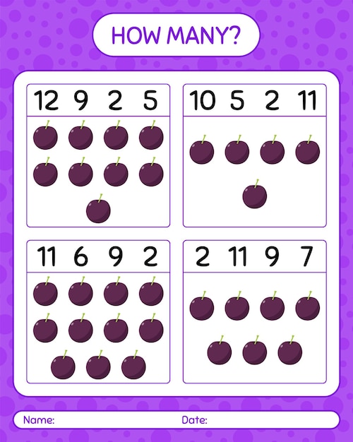 How many counting game with plum. worksheet for preschool kids, kids activity sheet, printable worksheet