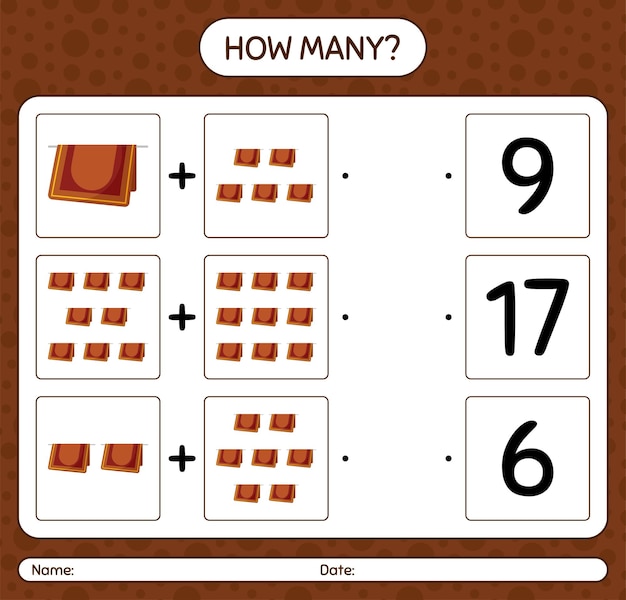 기도 깔개로 얼마나 많은 계산 게임. 미취학 아동을위한 워크 시트, 아동 활동 시트, 인쇄 가능한 워크 시트