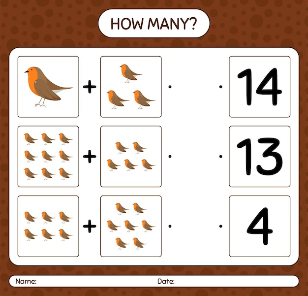 How many counting game with robin bird. worksheet for preschool kids, kids activity sheet