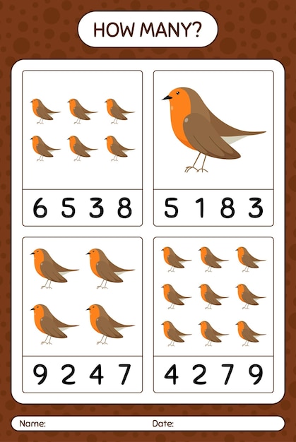 How many counting game with robin bird. worksheet for preschool kids, kids activity sheet