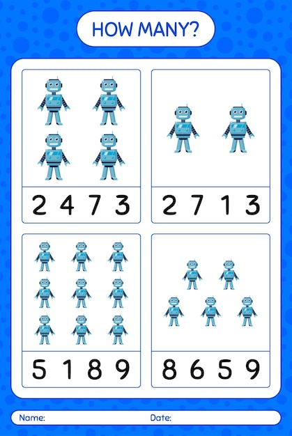 How many counting game with robot toy. worksheet for preschool kids, kids activity sheet