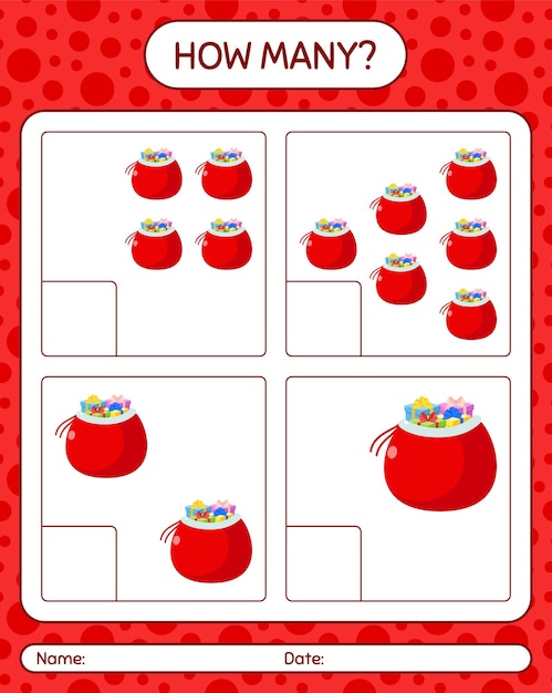 How many counting game with santa's bag. worksheet for preschool kids, kids activity sheet