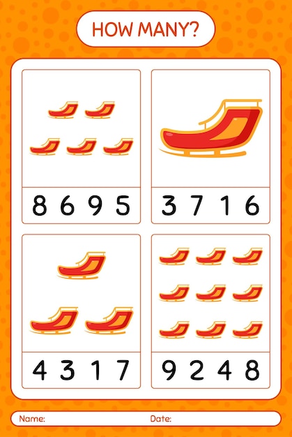 Vector how many counting game with santa's sleigh. worksheet for preschool kids, kids activity sheet