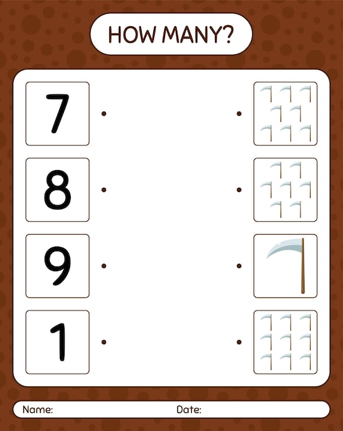 낫으로 얼마나 많은 계산 게임. 미취학 아동을 위한 워크시트, 어린이 활동 시트