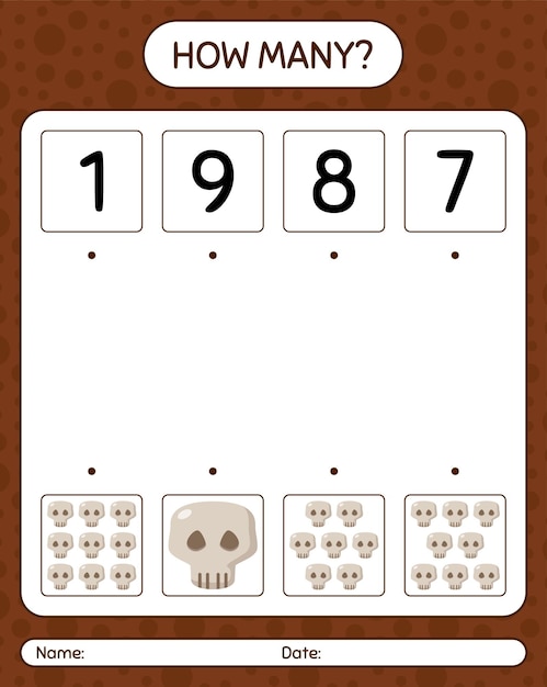 Сколько счетная игра с черепом. рабочий лист для дошкольников, детский лист активности
