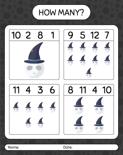 頭蓋骨を使ったカウントゲームの数。就学前の子供のためのワークシート、子供の活動シート
