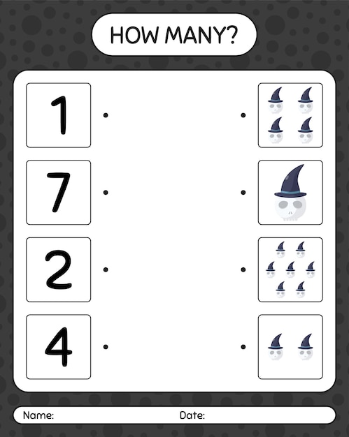 頭蓋骨を使ったカウントゲームの数。就学前の子供のためのワークシート、子供の活動シート