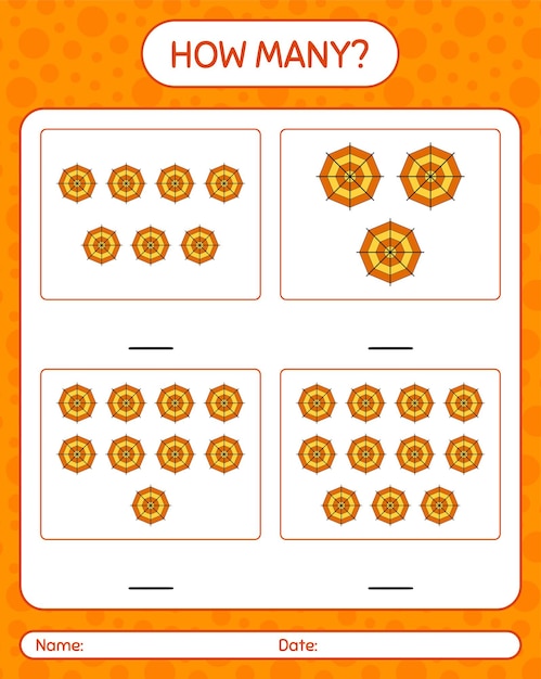 蜘蛛の巣を使ったカウントゲームの数。就学前の子供のためのワークシート、子供の活動シート